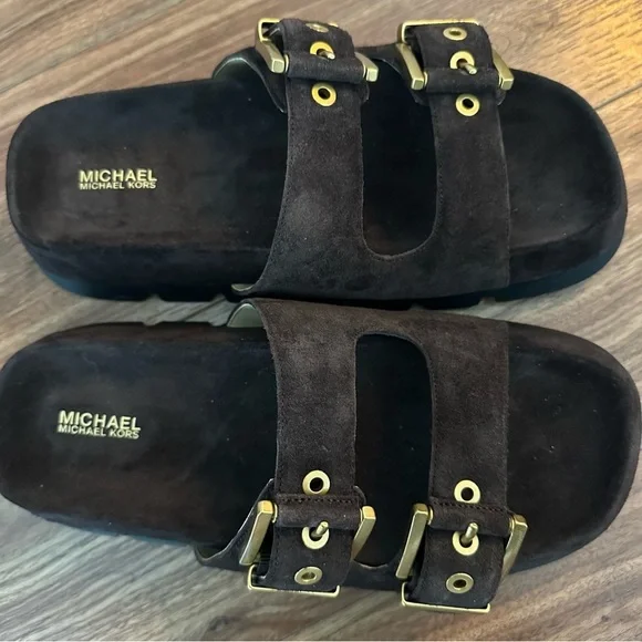 Michael Kors Colby Suede Dark Brown Sandals with Gold Accents - Picture 5 of 6